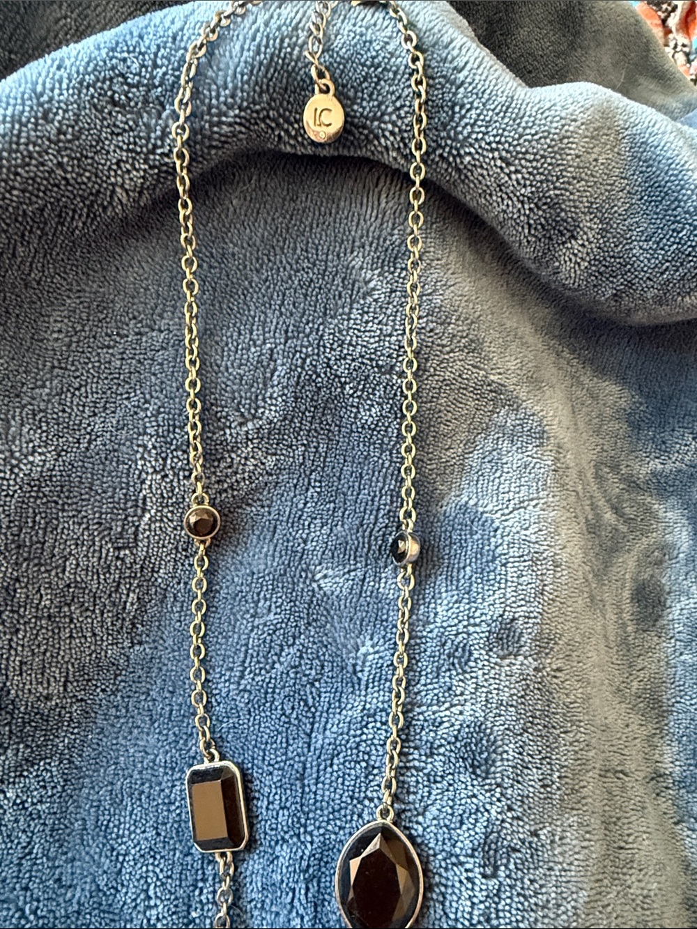 Long Liz Clayborne Silver Necklace with Black Gem Accents- gun metal chain